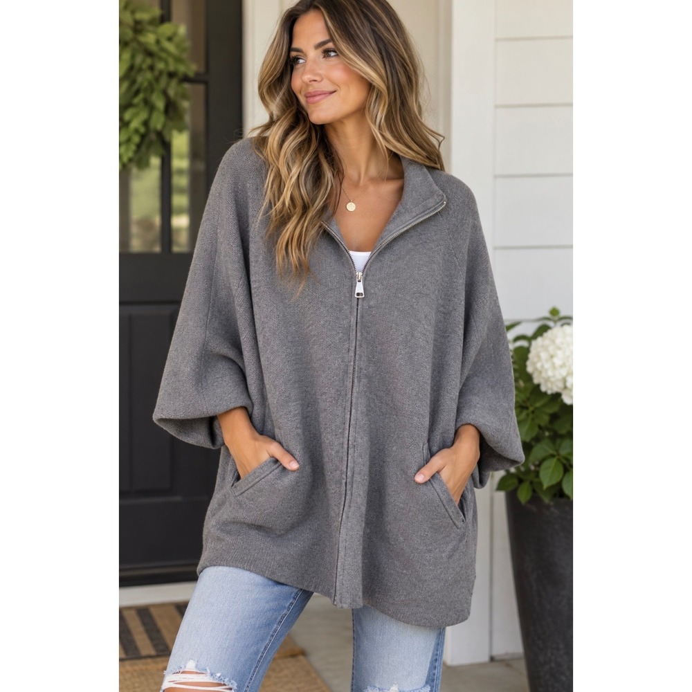 Coco + Carmen Gray Oversized Zip Up Cardigan Poncho Sweater One Size Pockets
